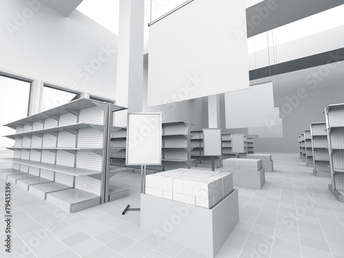 Fotomural interior of a store with product island. 3D rendering