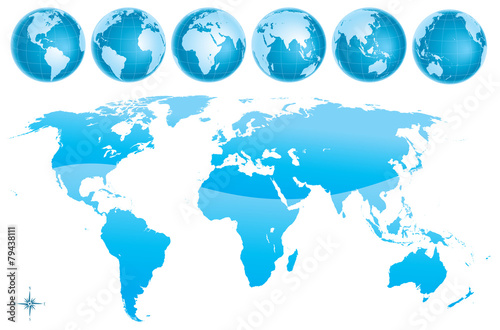 World map glosy blue Wallpaper Mural