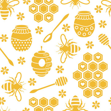 Fototapete -  - Seamless pattern with bees and honey