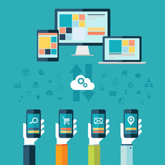Poster - Cloud computing. Desktop computer, laptop and tablet.