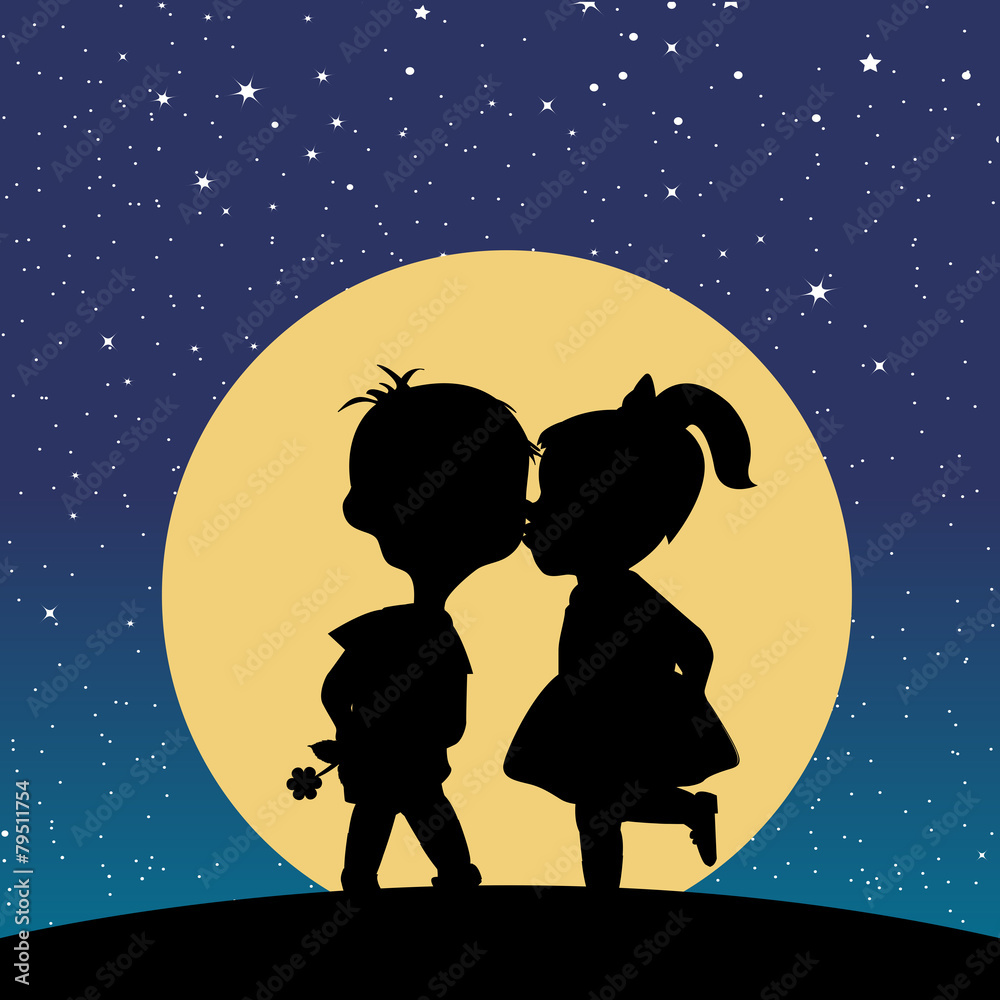 Silhouette of a boy and a girl kissing in the moonlight Stock Vector ...