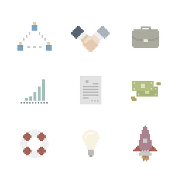 Business Icon Set In Pixel Art Style