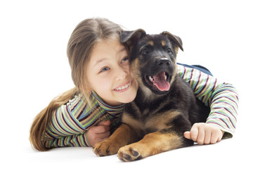 Sticker - cute little girl looks up with a puppy