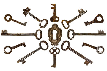 Wall Mural - Set of old keys, isolated on white background