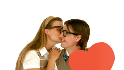 Poster - In slow motion smiling geeky hipster and his girlfriend