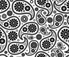 Seamless Paisley Ornament Black White Vector Floral Background