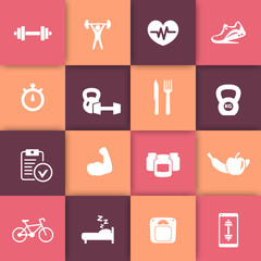 Sticker - 16 fitness, gym, healthy living white icons vector, eps10