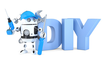 Poster - 3d robot with DIY sign. Isolated. Contains clipping path