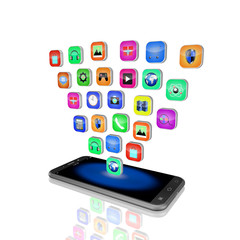 mobile phone with colorful application icons , on white backgrou