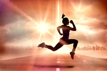 Aufkleber - Composite image of fit brunette running and jumping