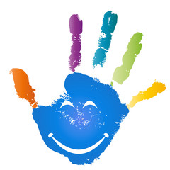 Sticker - Conceptual children painted hand print and smile face isolated