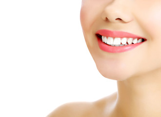 Young smiling woman, white background, copyspace