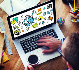 Sticker - Businessman Social Network Media Laptop Working Concept