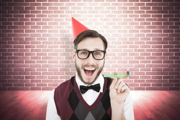 Poster - Composite image of geeky hipster in party hat with horn