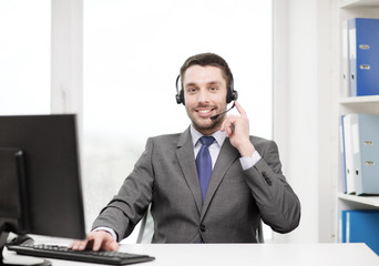 Poster - helpline operator with headphones and computer