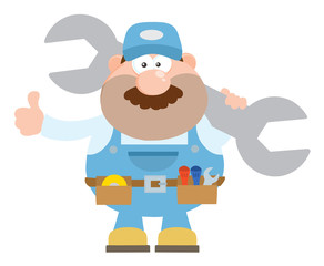 Wall Mural - Mechanic Character Holding Huge Wrench And Giving A Thumb Up