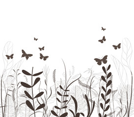 grass vector silhouette and butterflies