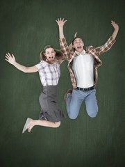 Poster - Composite image of geeky hipsters jumping and smiling