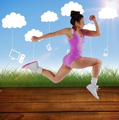 Aufkleber - Composite image of fit brunette running and jumping
