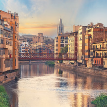 Sunset In Old Girona Town, View On River Onyar