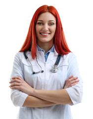 Wall Mural - Young beautiful doctor isolated on white