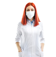 Wall Mural - Young beautiful doctor in medical mask isolated on white