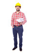 Full body portrait of young architect holding blueprints on whit