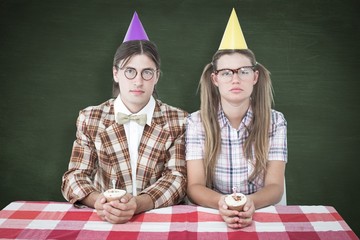 Poster - Unsmiling geeky hipsters celebrating birthday