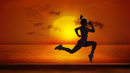 Aufkleber - Composite image of fit brunette running and jumping