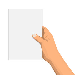 Hand with empty notepad isolated on white, vector illustration