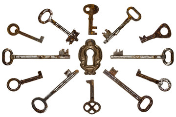 Wall Mural - Set of old keys, isolated on white background