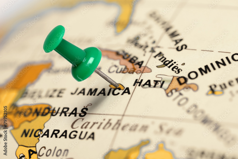Location Jamaica. Green pin on the map. - obrazy, fototapety, plakaty 