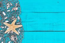 Blank Sign With Seashells And Starfish Border In Fish Net