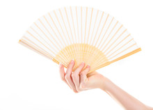 Wood Elegance Fan In Woman Hand Isolated On White Background