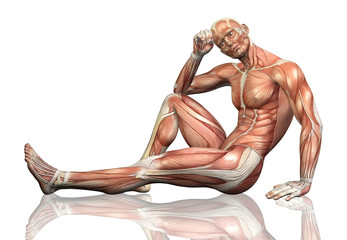 Poster - 3D male figure sitting with detailed muscle map