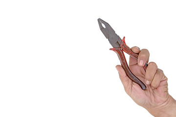 Working tools Old locking plier in hand male isolated on a white