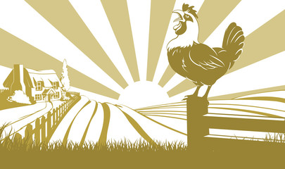 Wall Mural - Rooster farm field concept