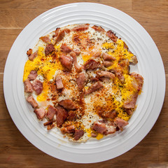 Ham and eggs on plate