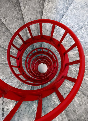 Fototapeta na wymiar Spiral stairs with red balustrade