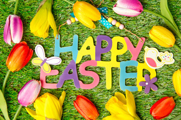 Fotomurales - Happy Easter ! Card with colorful flowers and text