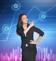 Wall Mural - Business woman showing index finger on icon of dollar