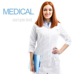 Poster - Young beautiful doctor with clipboard isolated on white