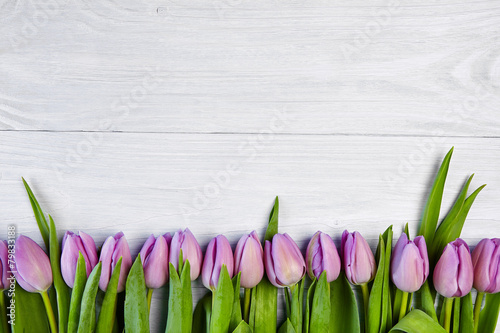 Plakat na zamówienie Pink tulips over shabby white wooden table