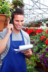 Poster - Florist man working with flowers in greenhouse.