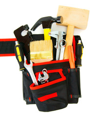 Many working tools in the carrying case on white background.