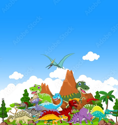 Naklejka na szafę Dinosaur cartoon with landscape background