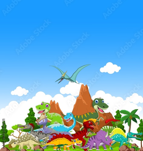 Naklejka ścienna Dinosaur cartoon with landscape background