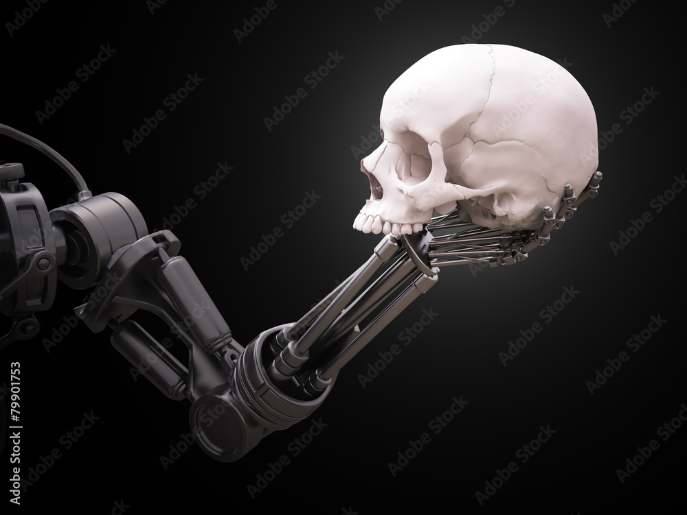 Robot arm with a human skull