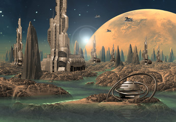 Wall Mural - futuristic alien city - computer artwork