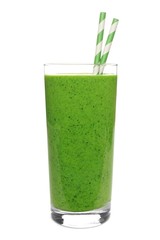 Wall Mural - Green smoothie in a glass with straws isolated on white